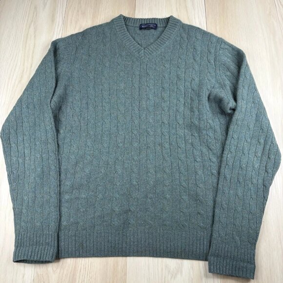 Allen Solly Mens Blue Green V-Neck Cable Knit Cashmere Pullover Sweater Size L - Picture 1 of 10